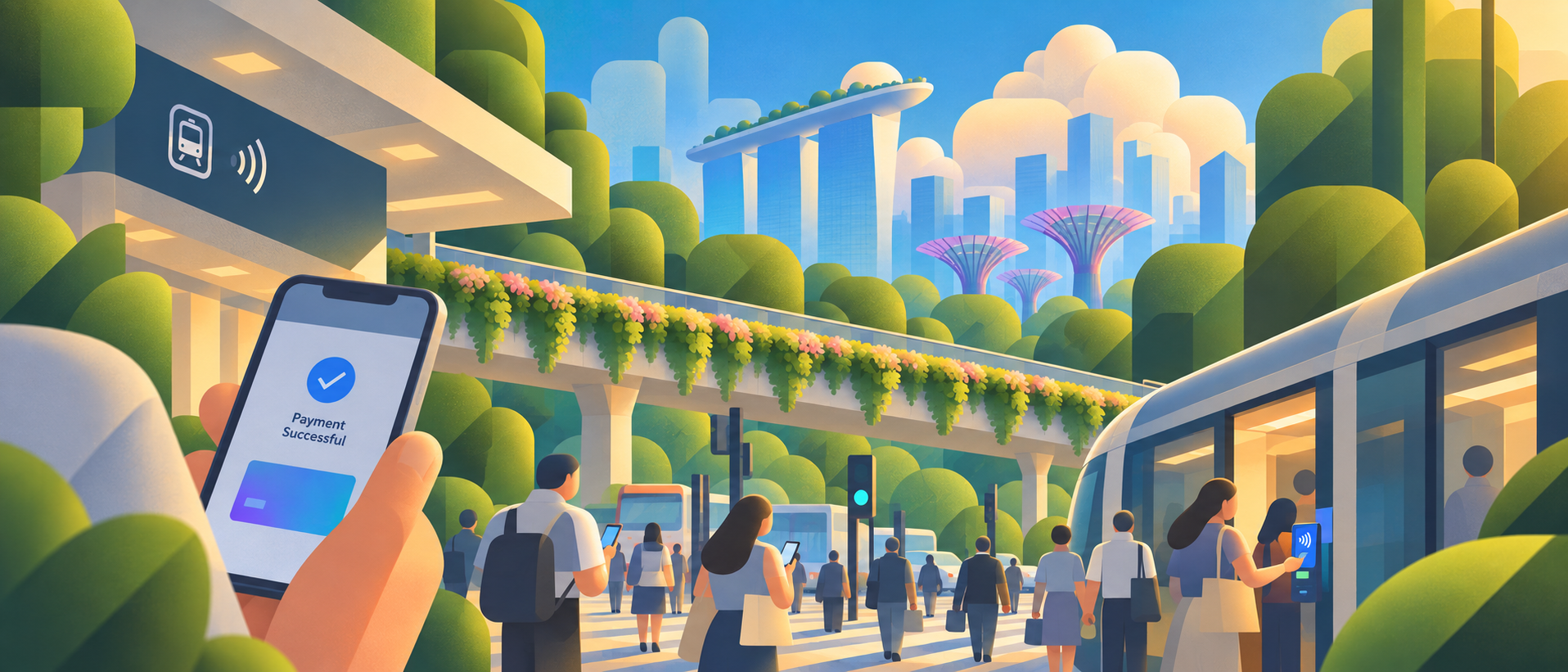 Illustration of a connected Singapore, with digital payments, public transport, and a green city skyline.